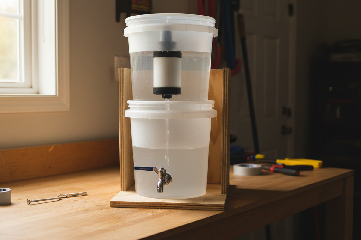 A completed two-bucket DIY gravity water filtration system on a garage workbench