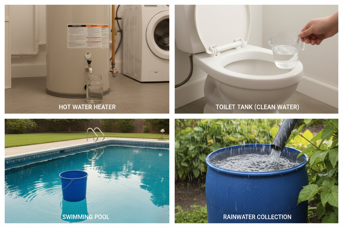 Multiple emergency water sources in a typical home: hot water heater, toilet tank, pool, and rain collection
