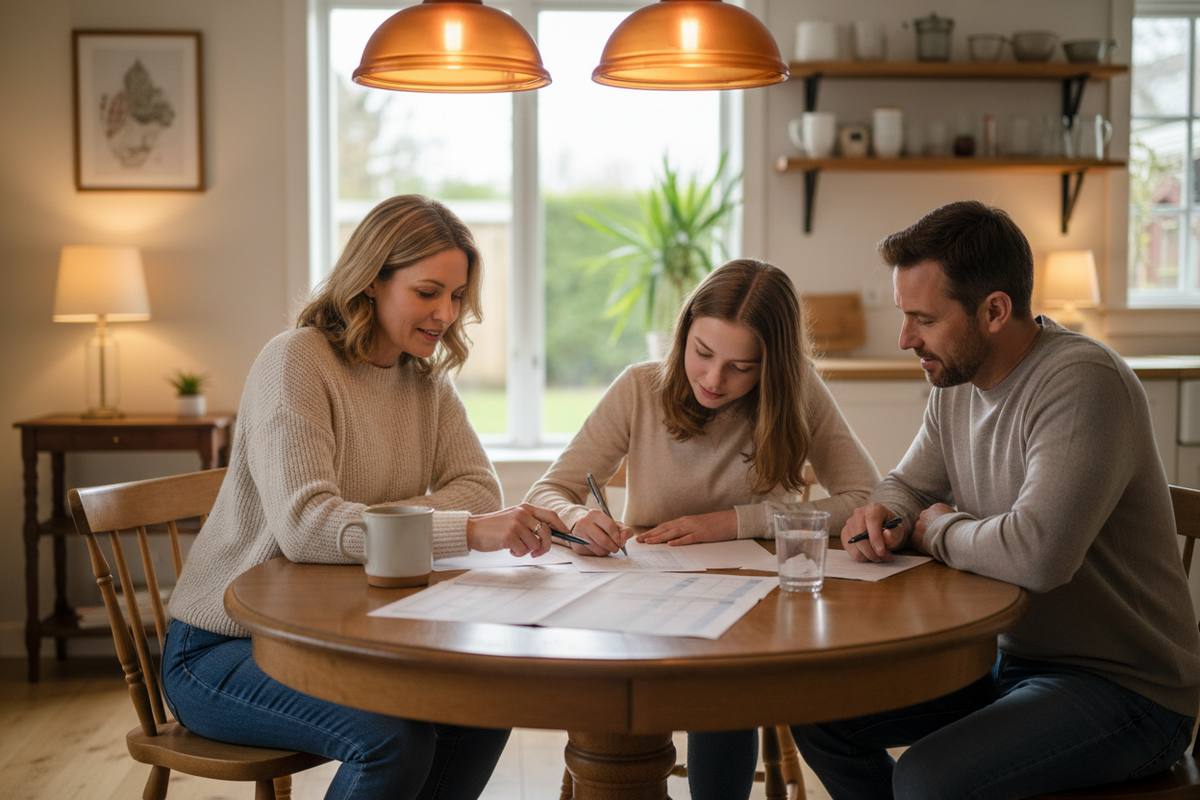 A family sitting together at a kitchen table calmly building their emergency communication plan