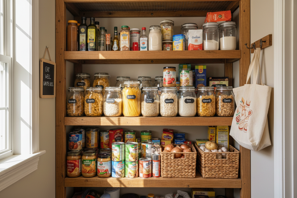 A well-organized home pantry stocked with practical everyday shelf-stable foods