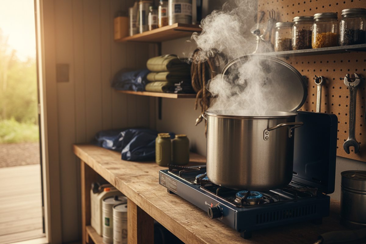 Stainless steel pot at a rolling boil on a propane camp stove in a garage preparedness setup