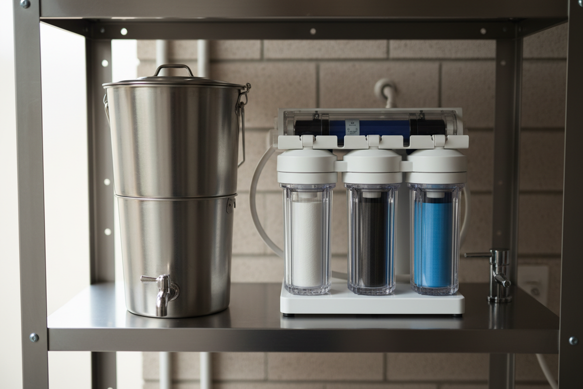 Two-bucket ceramic gravity filter and reverse osmosis filter system displayed side by side on a utility shelf