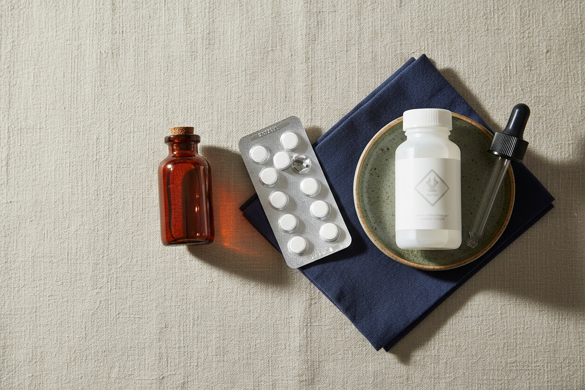 Iodine tincture, purification tablets, and bleach with dropper arranged on a neutral surface
