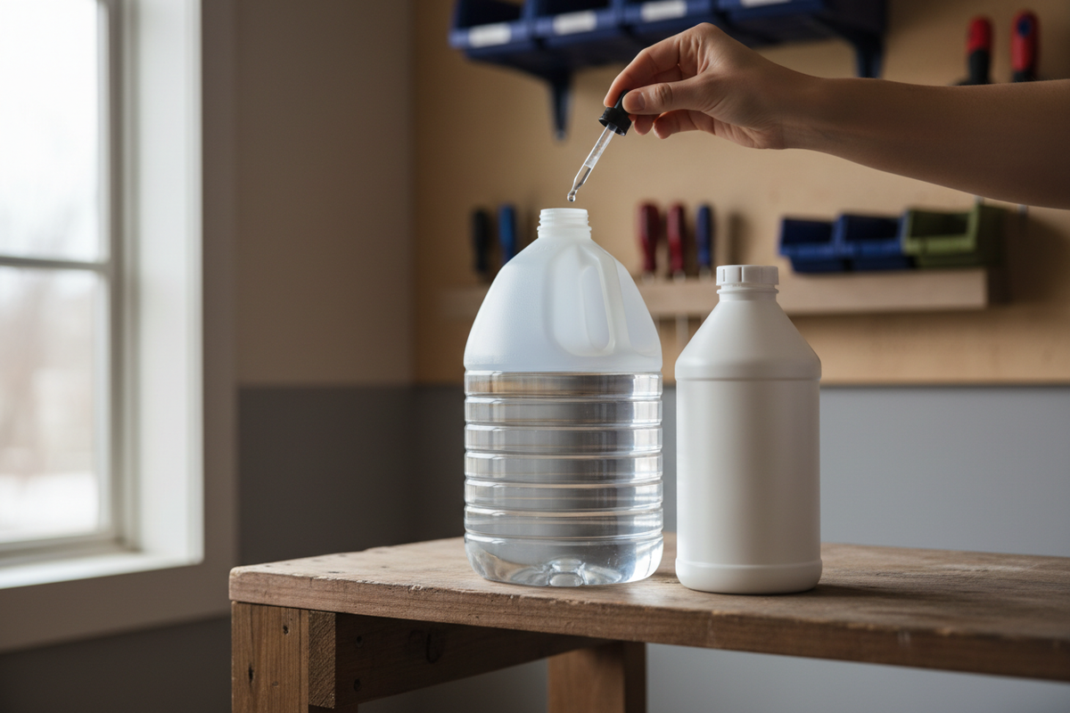 Unscented bleach bottle, dropper, and water jug arranged on a utility shelf