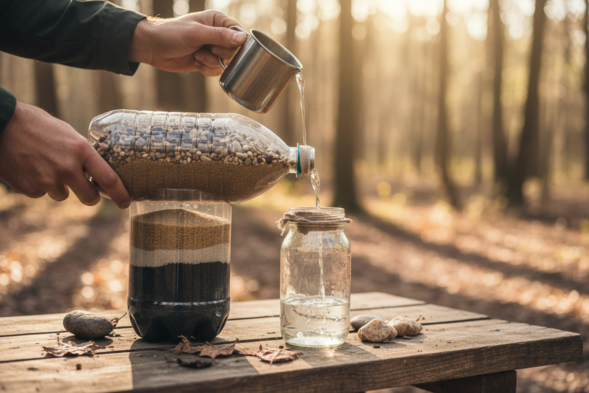 Hands pouring water into a DIY 2-liter bottle water filter with visible gravel, sand, and charcoal layers, dripping clear filtered water into a glass jar below