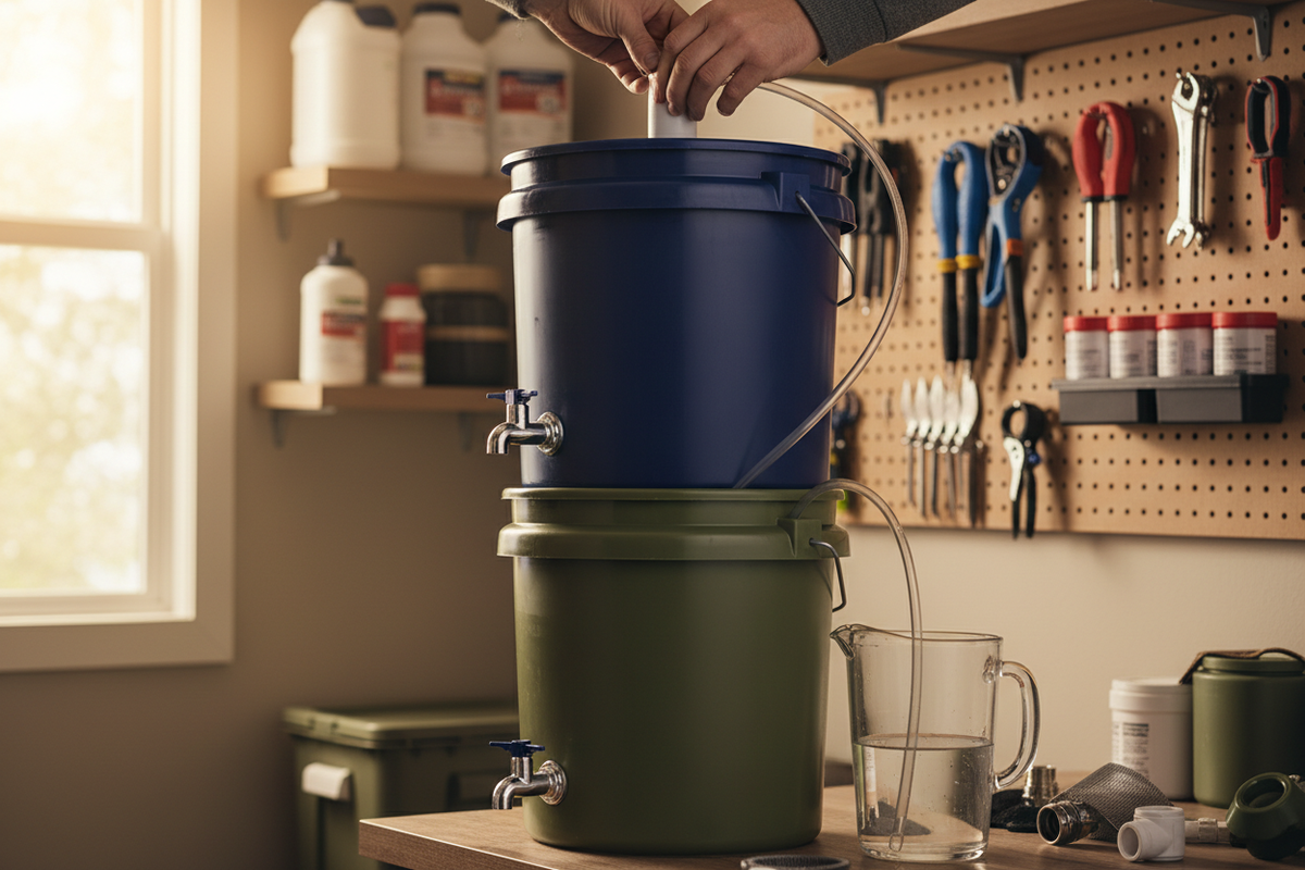 Person assembling a DIY gravity-fed water filtration system using two stacked buckets