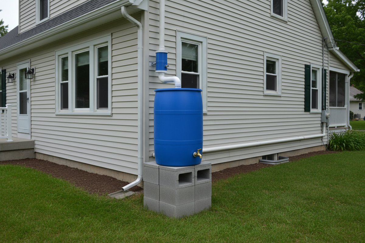 Food-grade rainwater collection barrel elevated on cinder blocks connected to a home downspout with first-flush diverter