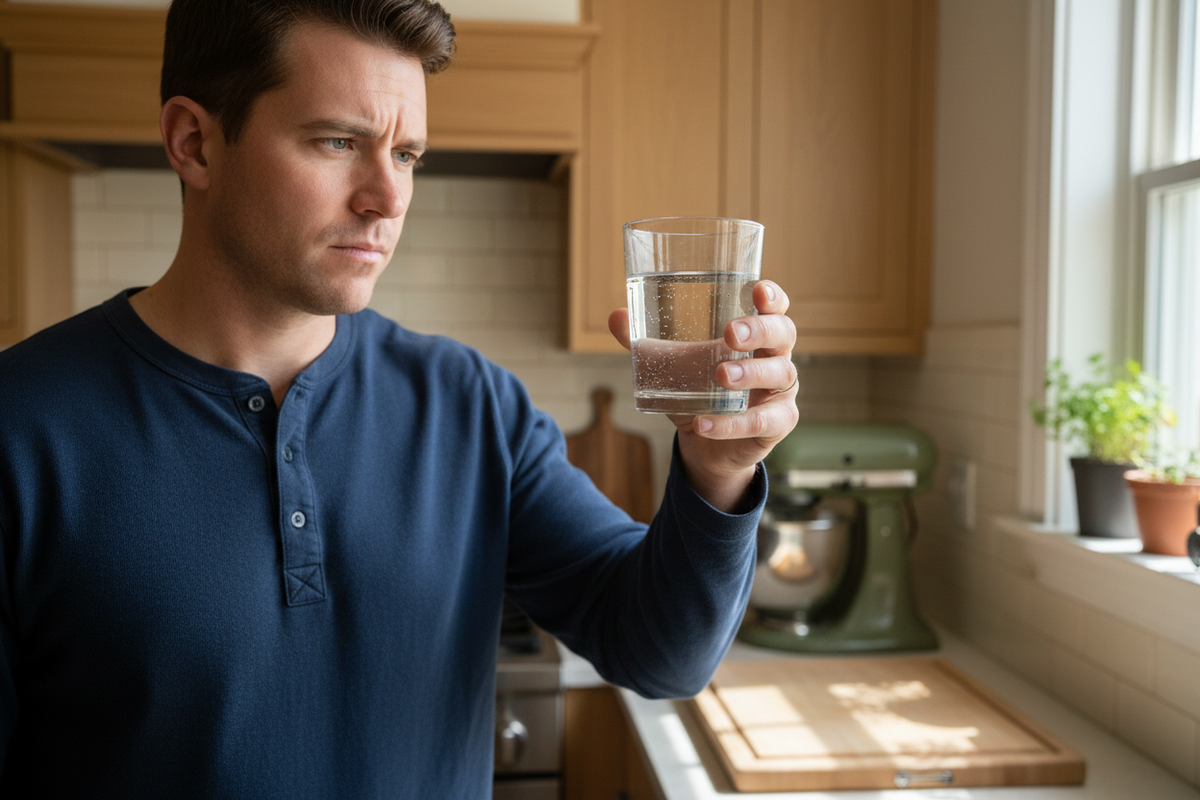 Person examining a glass of water in a home kitchen