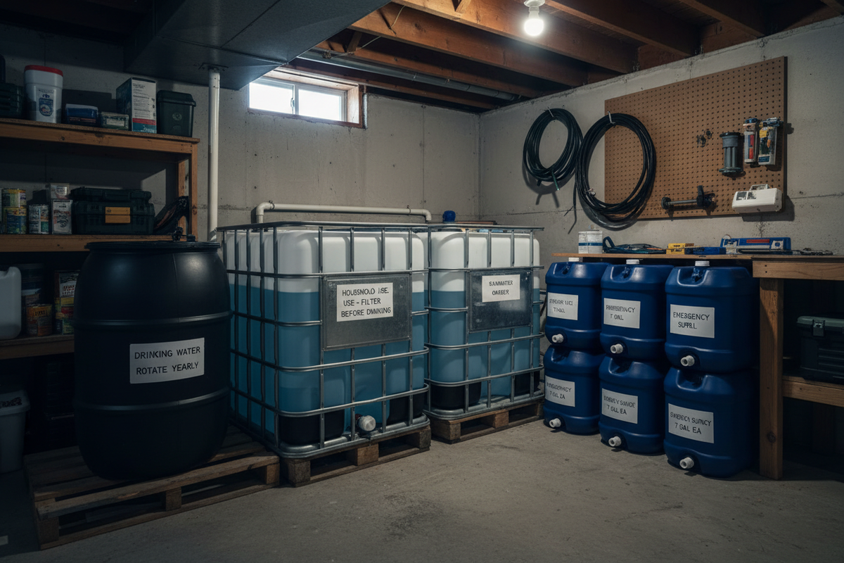 Organized long-term water storage setup in a basement with barrels, IBC totes, and smaller containers