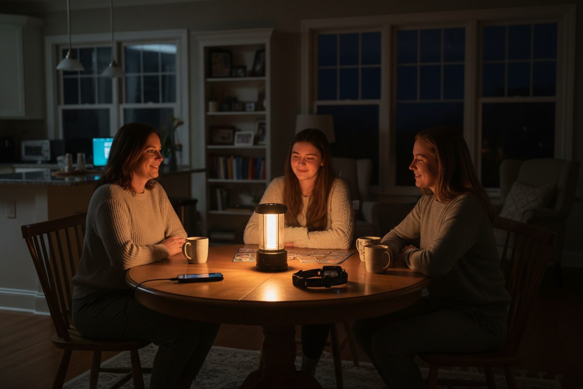 A family using a lantern and power bank calmly during a home power outage