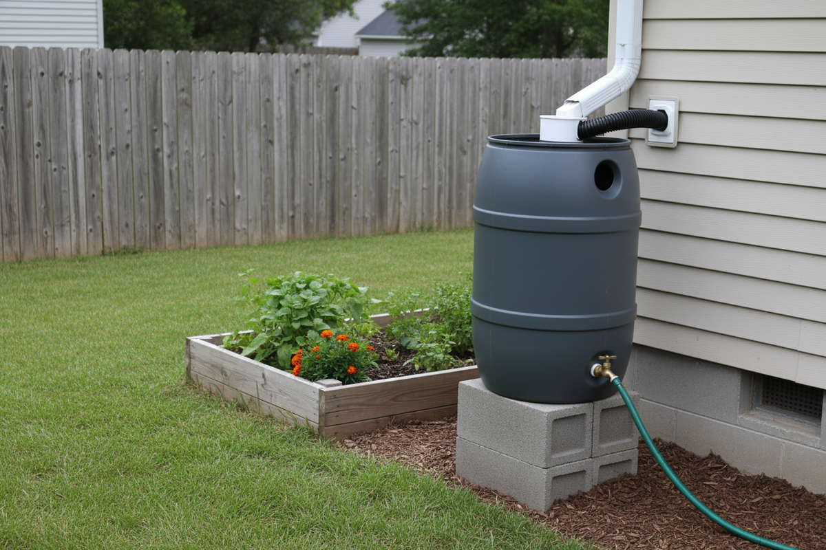 A 55-gallon rain barrel on cinder blocks connected to a residential downspout in a normal backyard