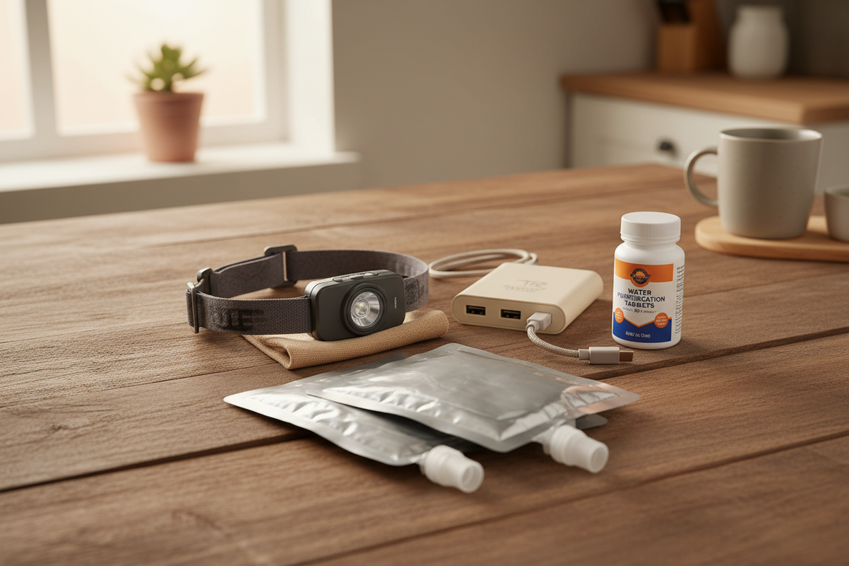 Four essential preparedness items laid out on a home surface — headlamp, power bank, water purification tablets, and emergency water pouches