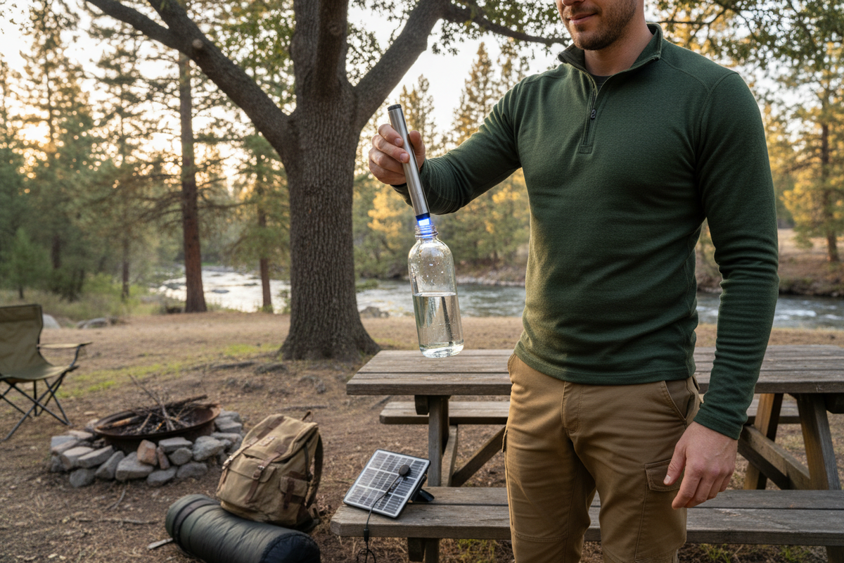 Person using a UV stir pen to purify water outdoors