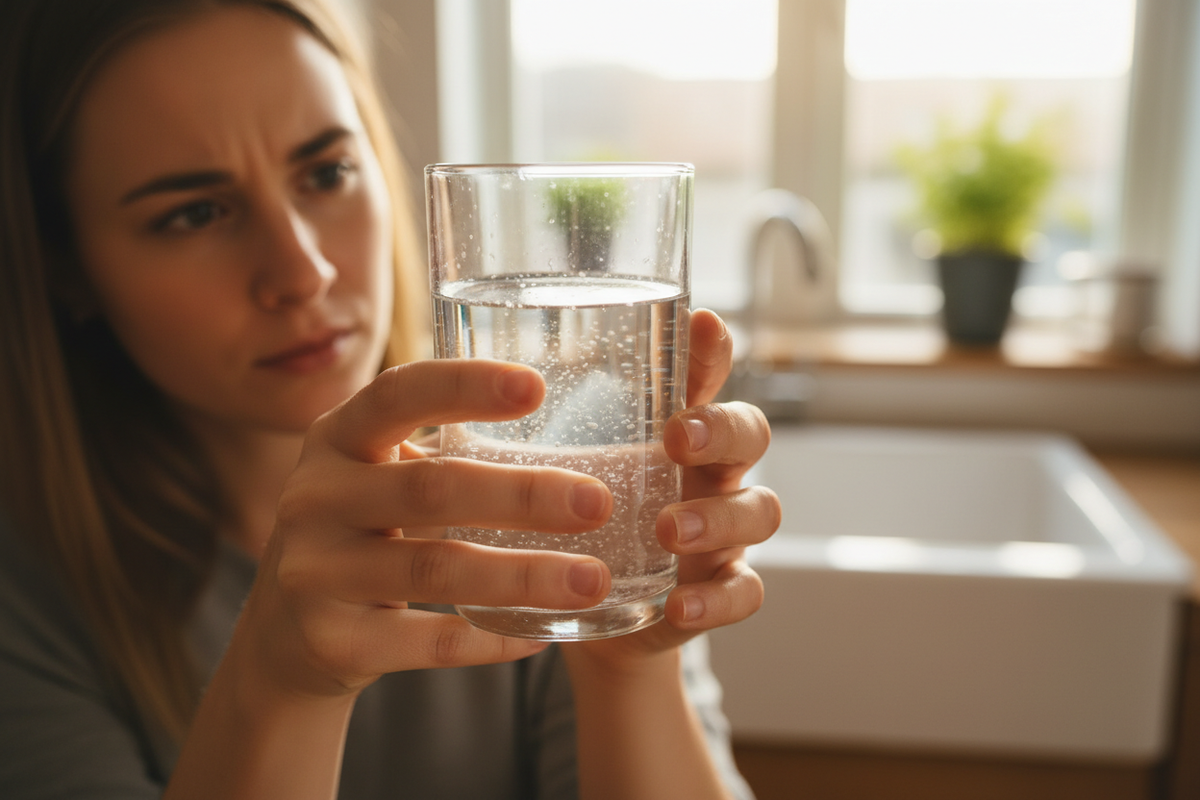 A person holding a glass of slightly cloudy water up to natural light, examining it carefully