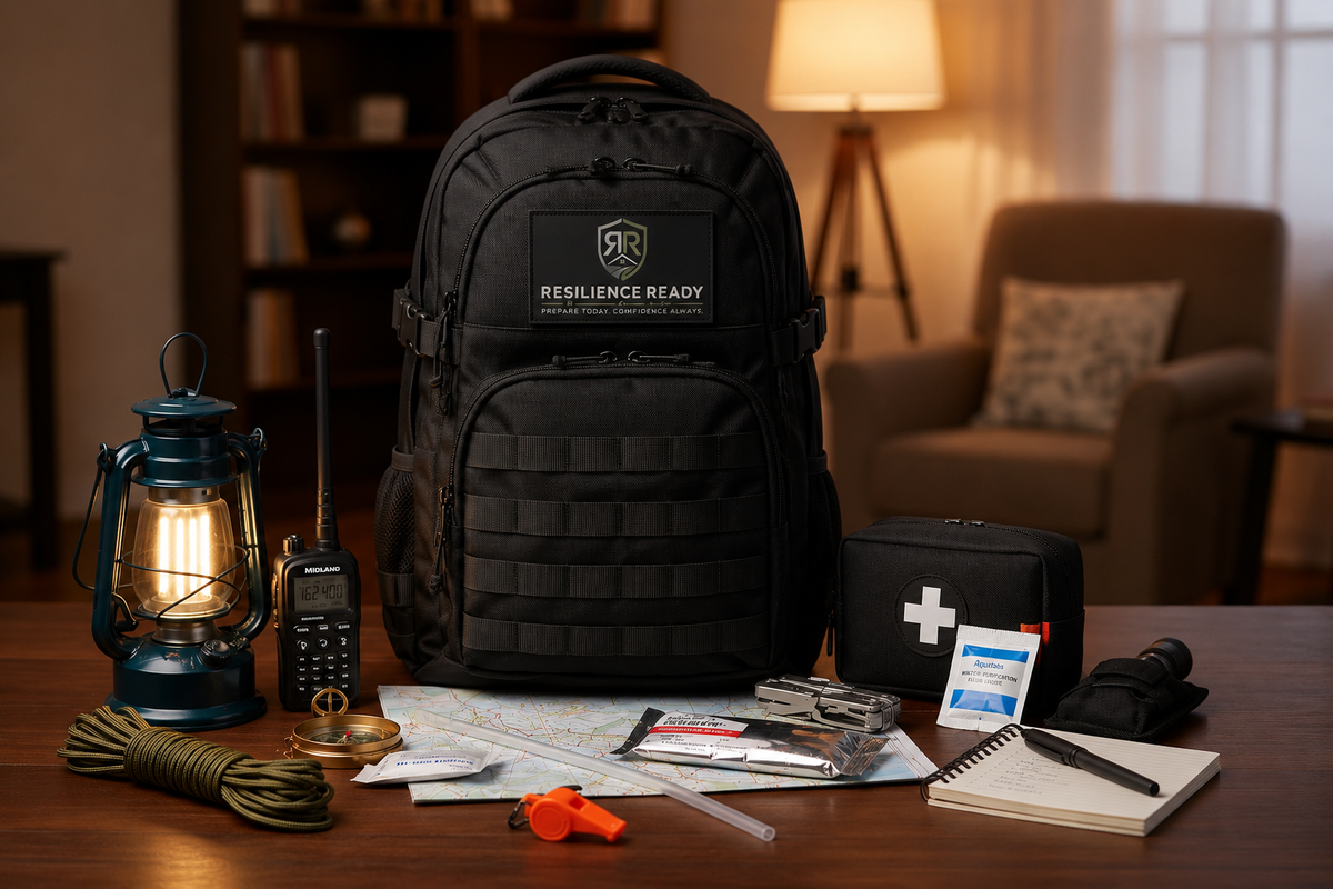 RR 72-Hour Readiness Kit — Solo, black tactical grab-and-go bag with emergency gear spread