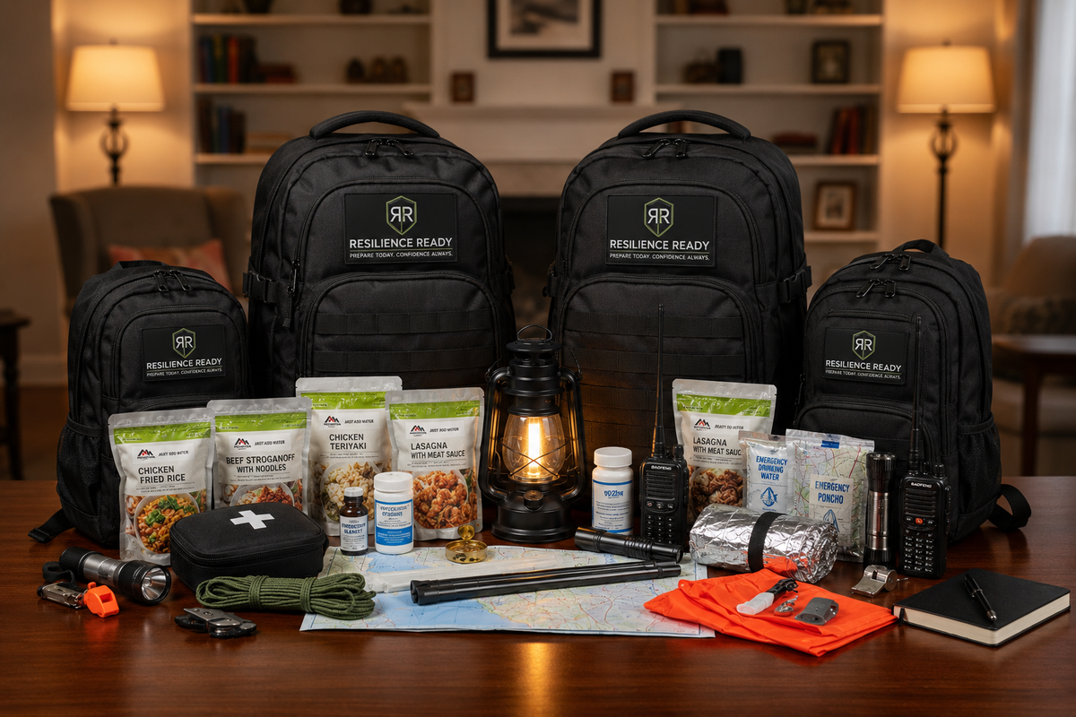 RR 72-Hour Readiness Kit — Large Family, two adult and two kids tactical bags with full emergency gear spread