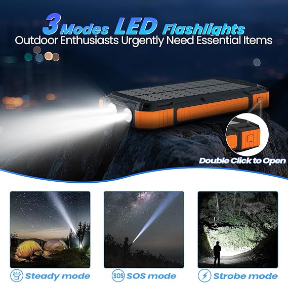 Solar Power Bank / LED Flashlight - 49800mAh - Wireless Portable Charger